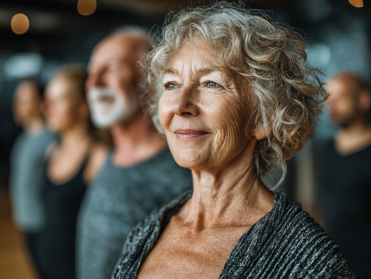Seniori activi antrenandu-se impreuna in sala de fitness moderna